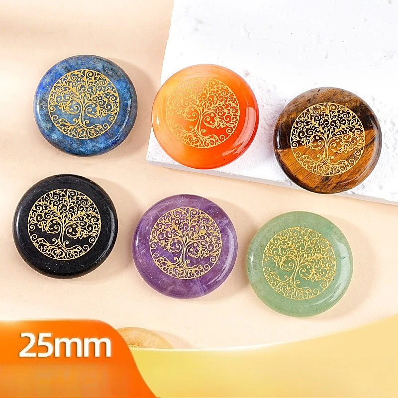 25mm Natural Stone Slice Carved Tree of Life Beads Ornament Creative Round Natural Semi Precious Stone Desktop Decor