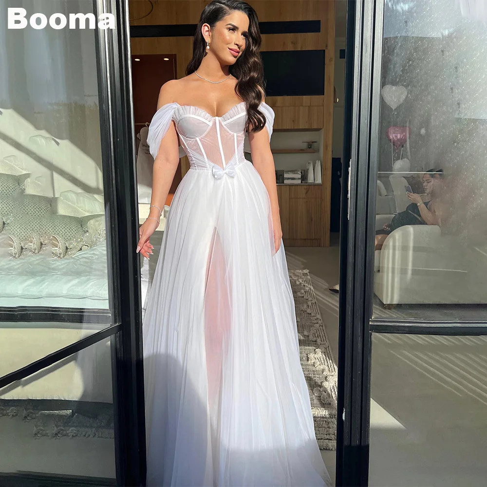 

Booma A-Line Sxey Wedding Dresses Off Shoulder Tulle Bride Party Gowns for Women Ruched Bow Long Bridal Evening Dress with Slit