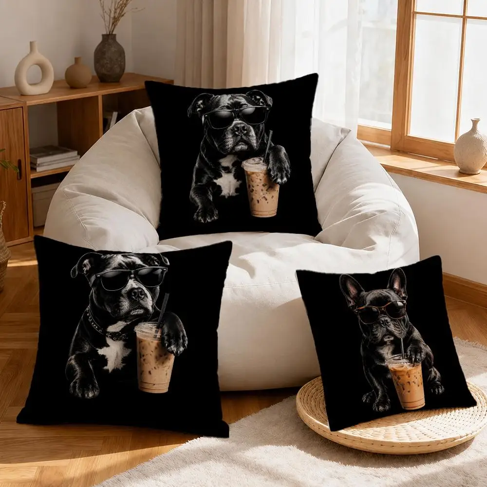 Art Harajuku Dog and Juice Graphics Cushion Cover Linen Anti-Mite Antibacterial Cushion Cover Invisible Zipper Sofa Decor