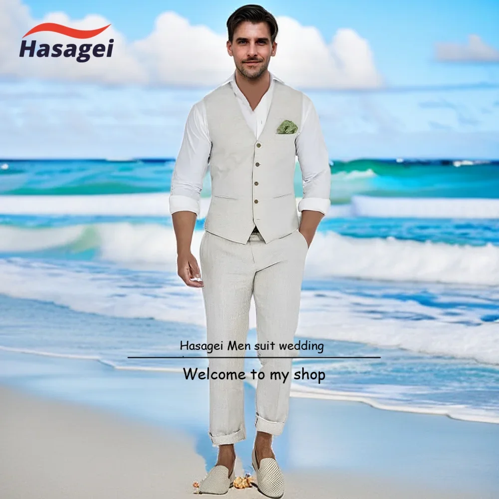 Men's Linen Suits 2 Pieces Slim Fit Suit Prom Tuxedos Beach Wedding Groomsman Vest & Pants Set Casual Summer Linen Outfit