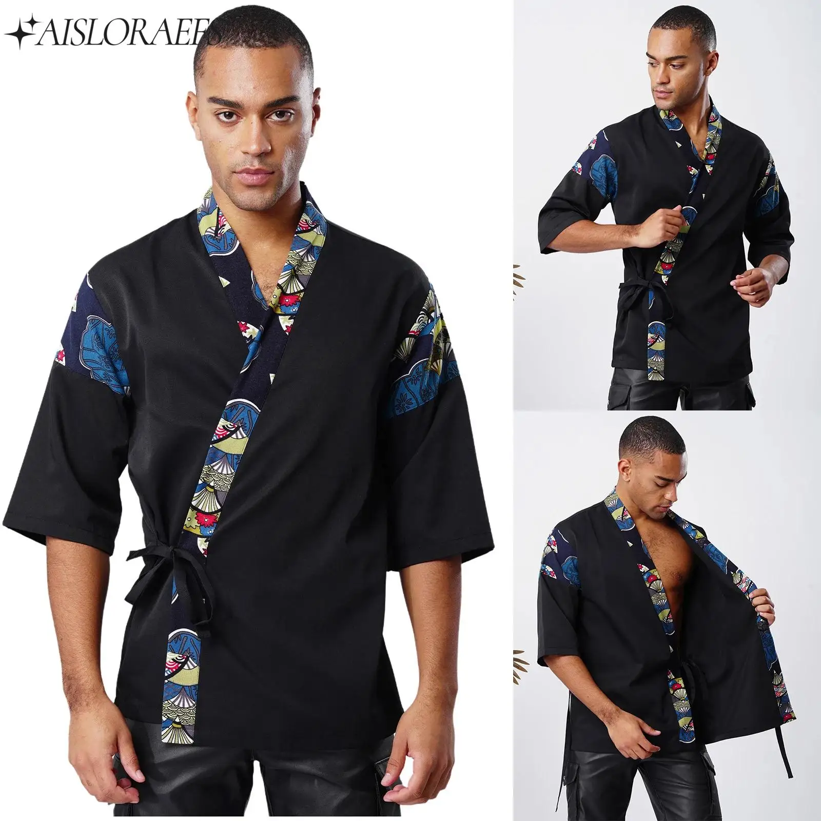 

Men Women Japanese Sushi Chef Coat Traditional 3/4 Sleeve Kimono Jackets Cook Workwear for Izakaya Japanese Cuisine Restaurant