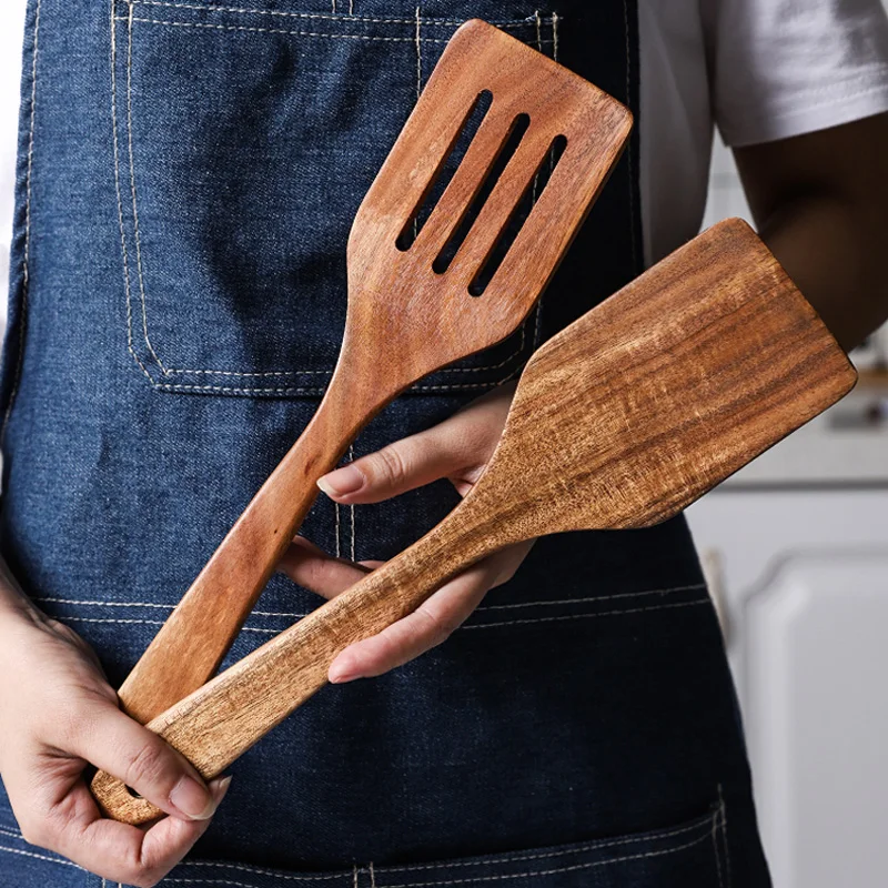 2Pcs Wooden Spatula Set Long Handle Cooking Spatula Non Scratch Pan Safe Egg Pancake Turner Slotted Spatula Wood Kitchen Utensil