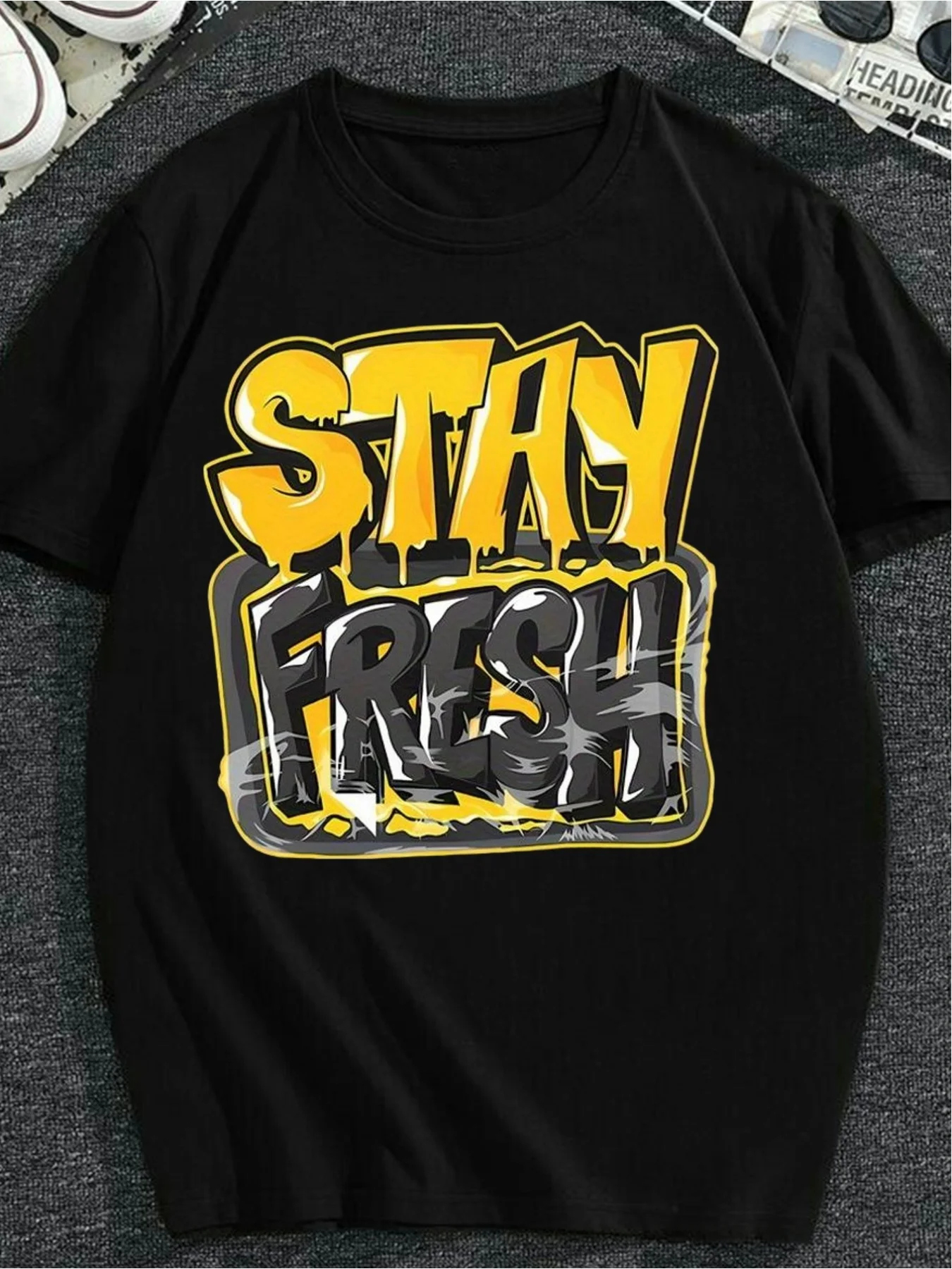 Men's Black Printed T-Shirt with Vibrant Yellow Graffiti Lettering Design, Short-Sleeved, Crew Neck, Casual Regular Fit, Machine Washable, Stylish Everyday Short-Sleeved T-Shirt