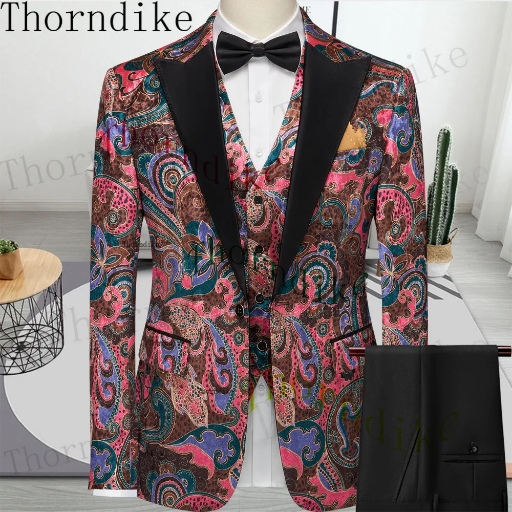 Thorndike Fashion Pattern Men Suits For Wedding Peaked Lapel Groom Tuxedos Groomsmen Wear Blazer 3 Pieces Sets Costume Homme