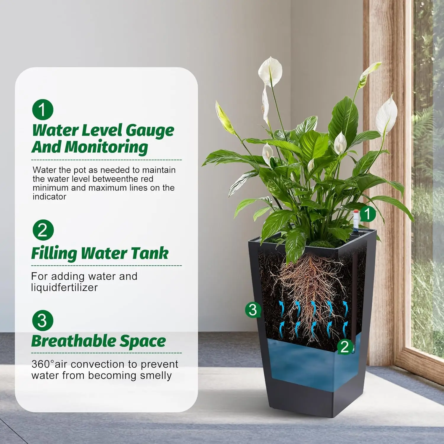 2 Pack 16in Tall Planters with Water Level Monitor & Drainage Holes, 16 Inch Tall Flower Pots for Indoor Outdoor, Modern Large Garden Plant Pots for Patio