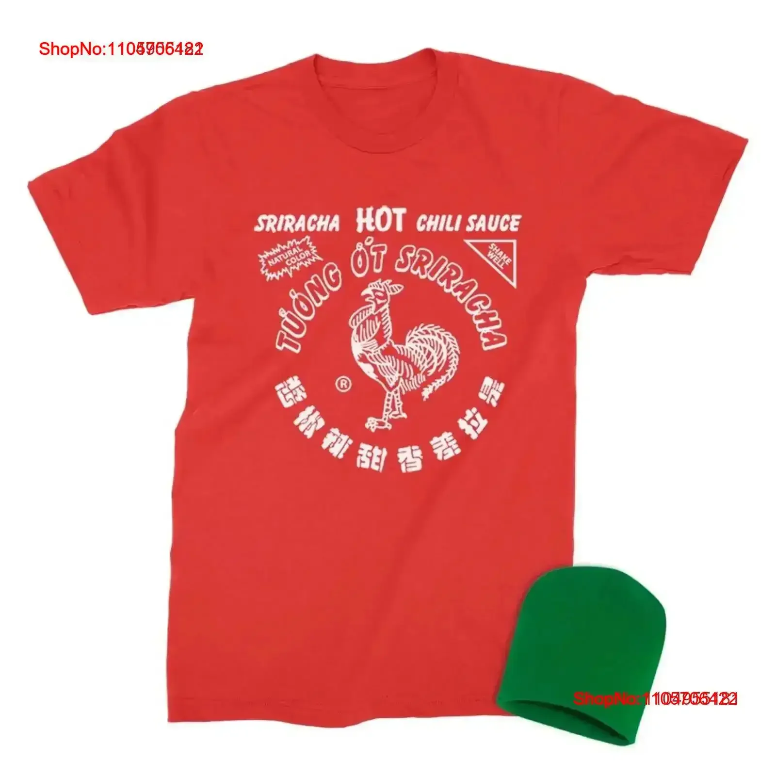 Hot Chili Sauce printed Red T shirt with Green Beanie Hat funny Halloween costume Set Adult Kids size vintage Washed Breathable