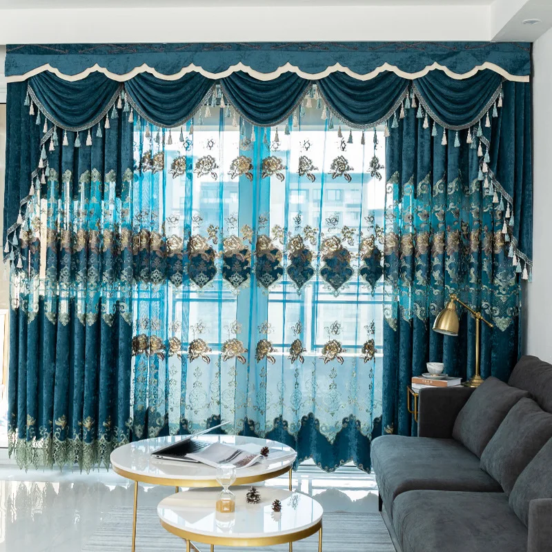 

Custom curtains European hollow living room fresh chenille embroidered blue cloth blackout curtain tulle valance drape C957