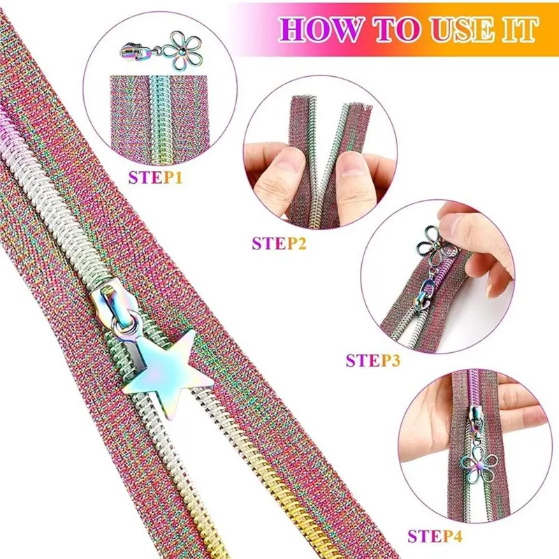 M11K-Nylon Zipper Tape 10 Yards, 5 Rainbow Zippers For Sewing Including 30 Rainbow Pulls For DIY Projects