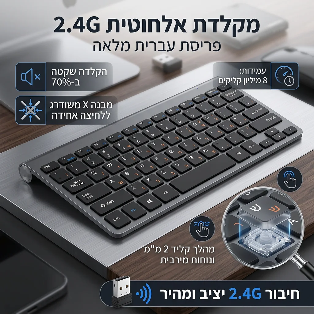 Israel Compact Ultra Slim Hebrew Orange Characters 2.4G Wireless Keyboard Portable Power Saving for Windows Desktop PC Laptop