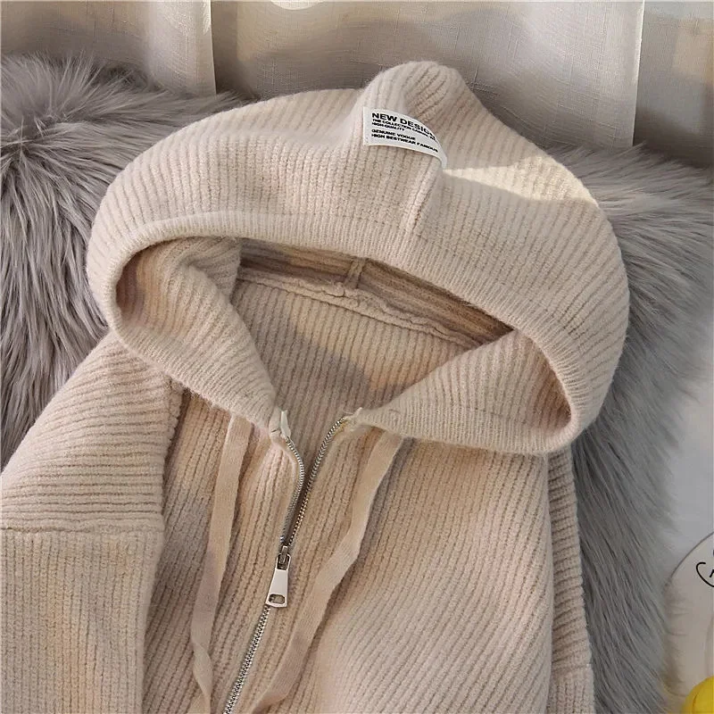 2023Spring New Fashion Temperament Thick Solid Color Hooded Knit Cardigan Zipper Coat Sweater Women Loose Top Thick Women\'s Wear