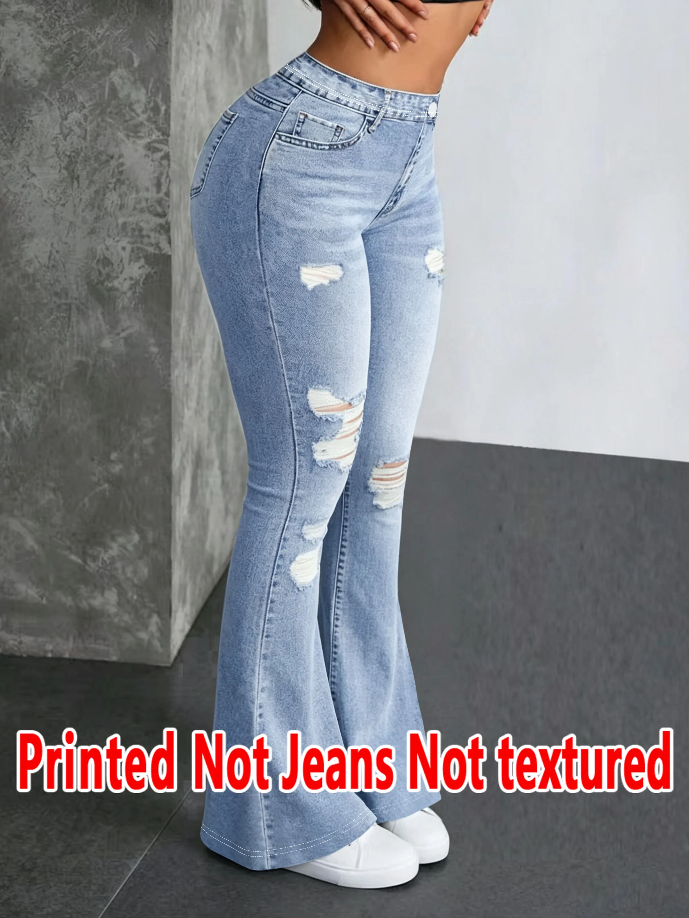1565  Ladies Non- Denim Floral Print Bell Bottom Pants Tear Design Casual Long Trousers Suitable for All Seasons