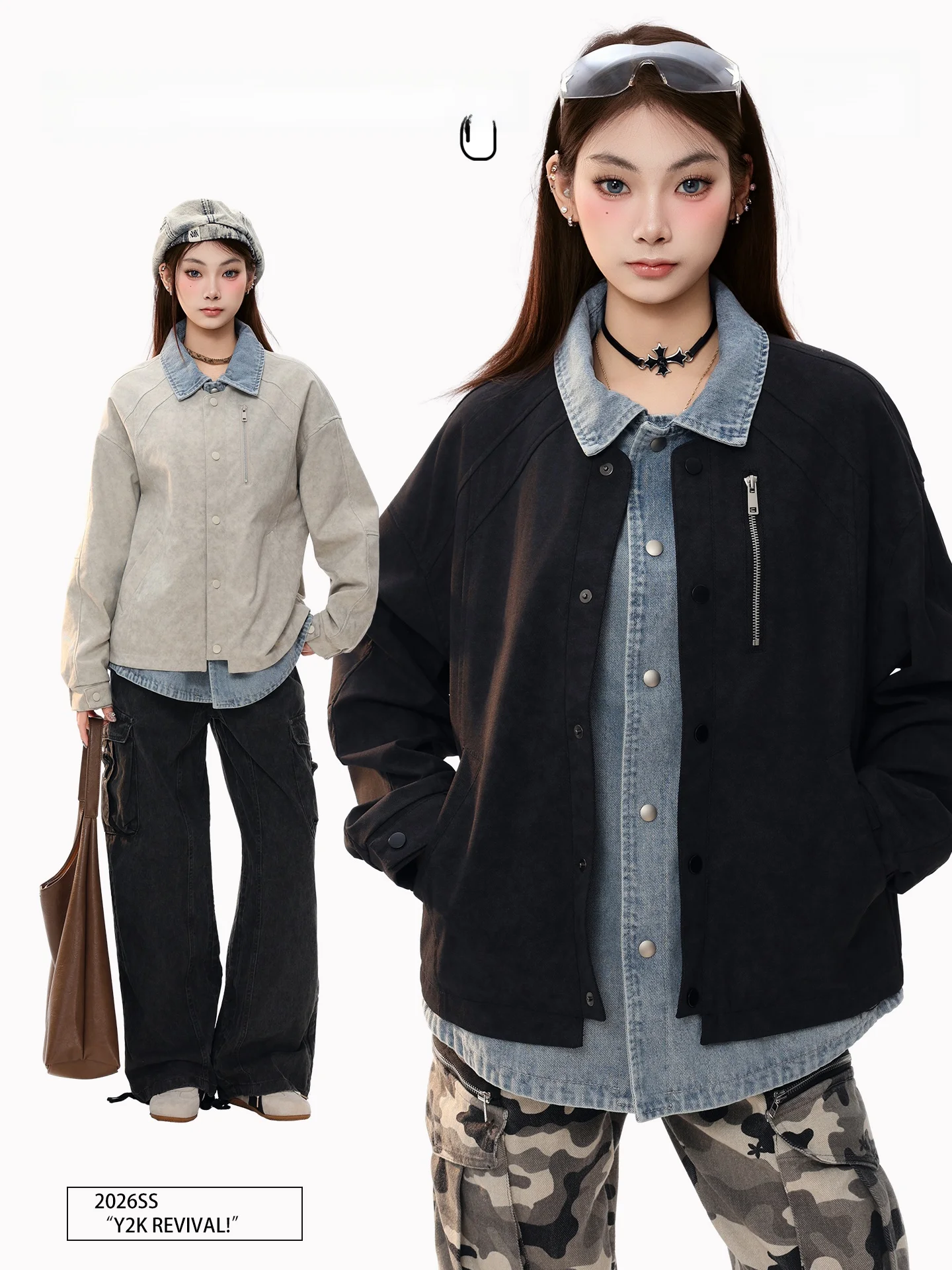 

PBB American Retro Denim Patchwork Jaet Outerwear Men Women Commute Early Spring Outerwear Street Sle Loose Fit Long Sve