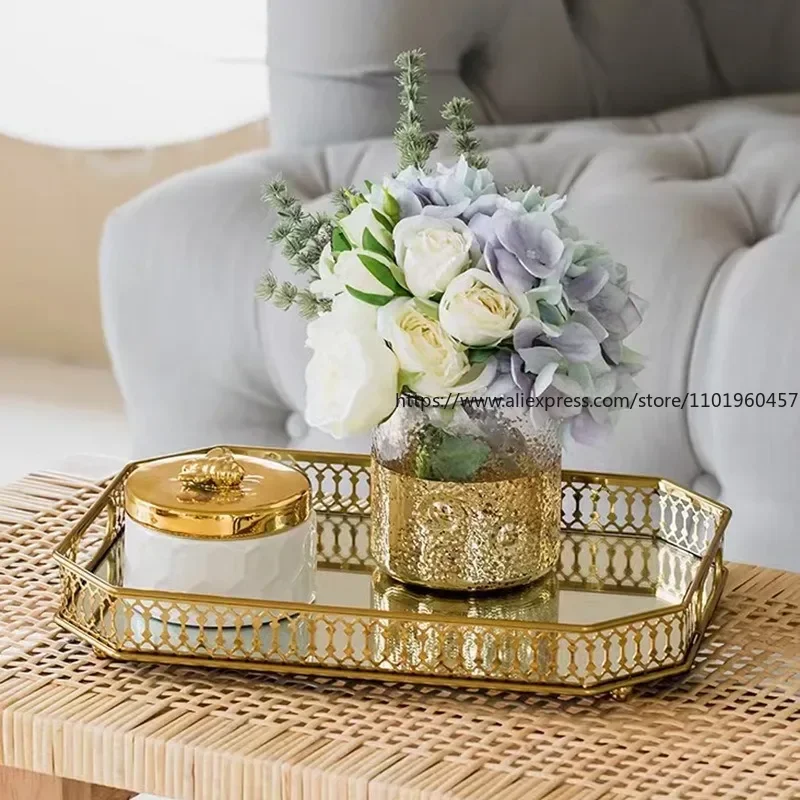 Gold Crystal Tray Decorative Storage Box Dessert Serving Plate Makeup Tray Jewelry Organizer for Home Living Room Bathroom Decor