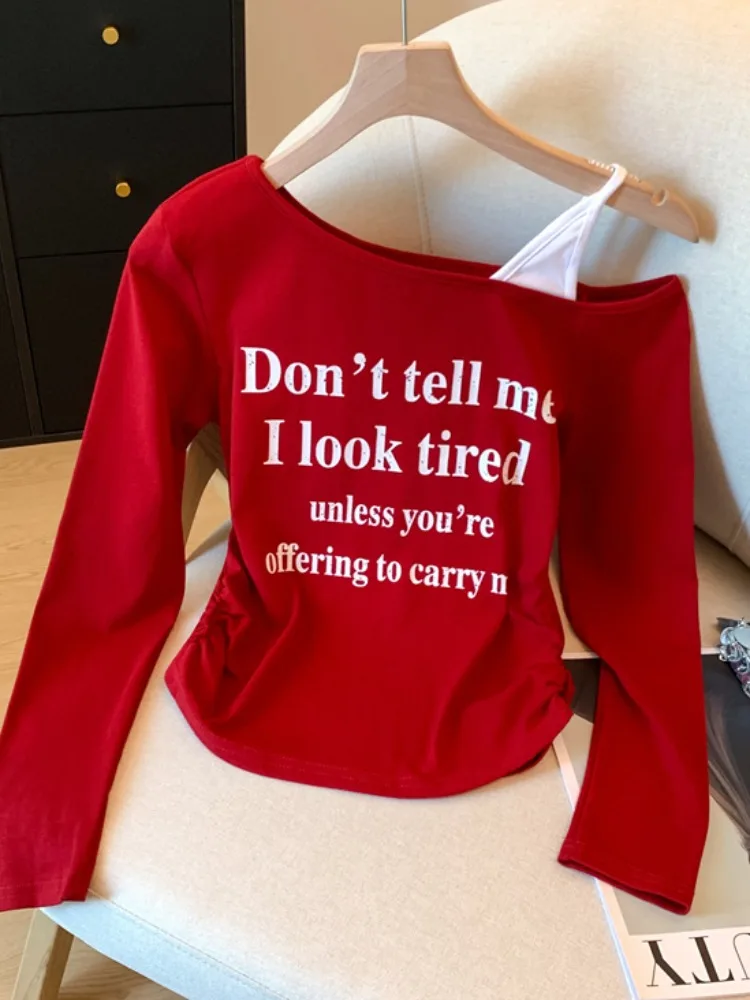 تي شيرت نسائي طويل مكون من قطعتين من oulder Bared تي شيرت نسائي جديد أوائل الخريف ذو ثنيات جديدة ذات ثنيات غير متماثلة... #3