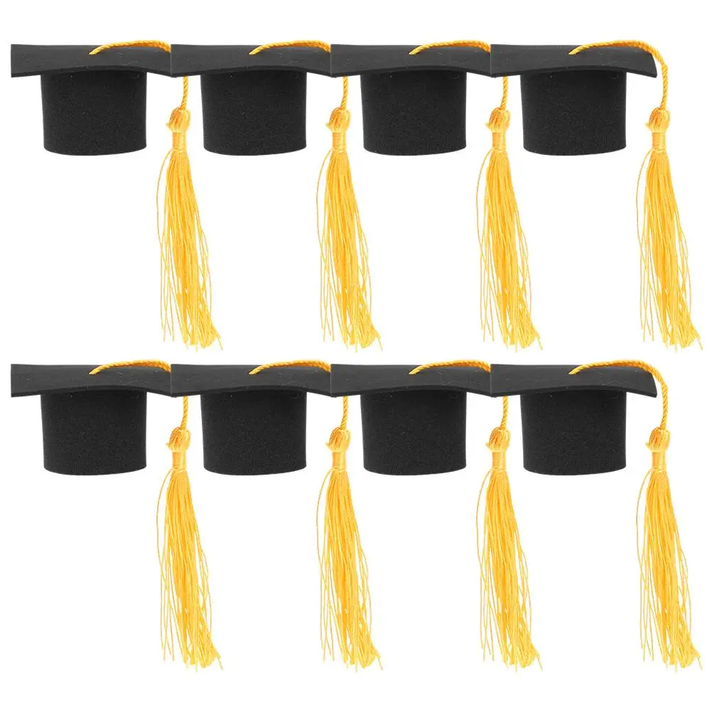 

8 Pcs Graduation Cake Decors Mini Bachelor Hat Red Tassels Party Cupcake Toppers 2024 Celebrations Cake Decorations