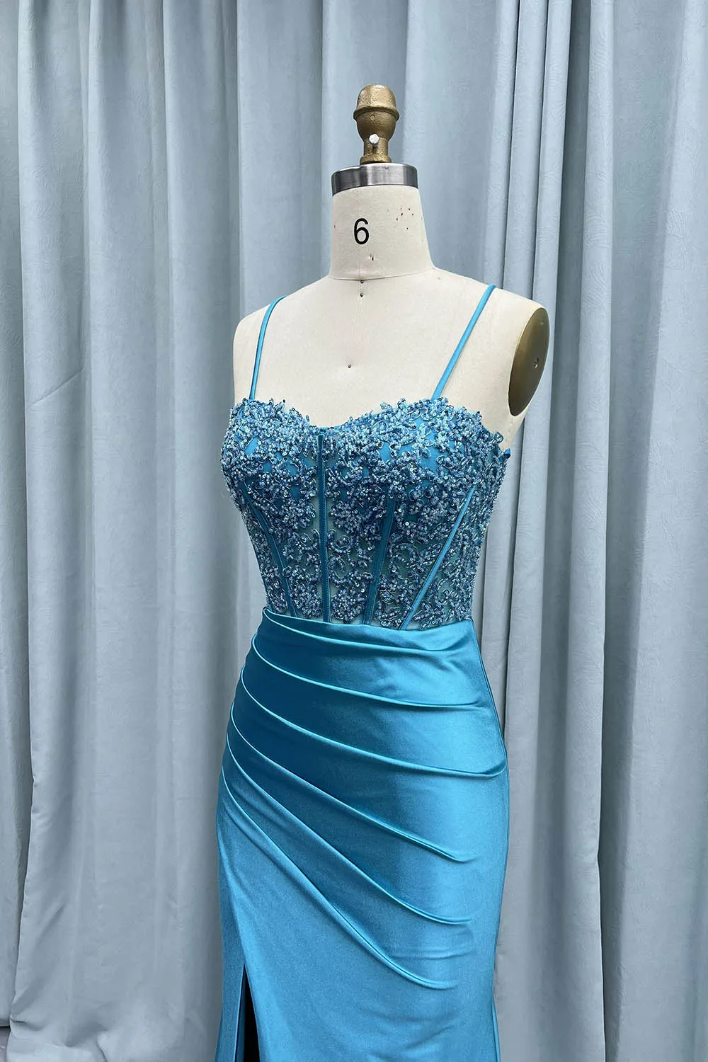 YQLNNE Sexy Blue Spaghetti Long Prom Dresses Mermaid Satin Embroidered Beading Red Carpet Gown Lace-up Formal Dress