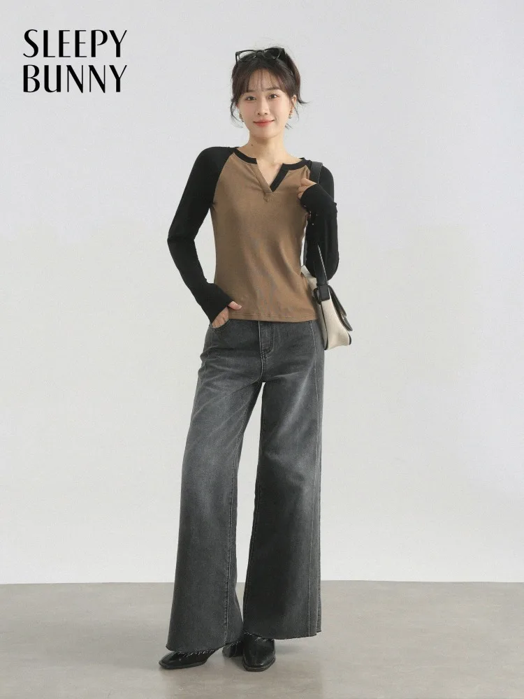 

Contrast V-Neck Long Sleeve T-Shirt Women Lady Slim Fit Raglan Sleeve Colorblock Top Vintage Style Stretch Daily Layering Outfit