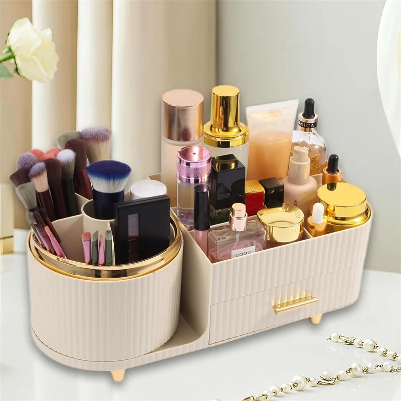 

Органайзер для кистей для макияжа с выдвижным ящиком, вращающийся на 360° держатель для кистей для макияжа, большая емкость, настольные косметические инструменты для ухода за кожей, витрины