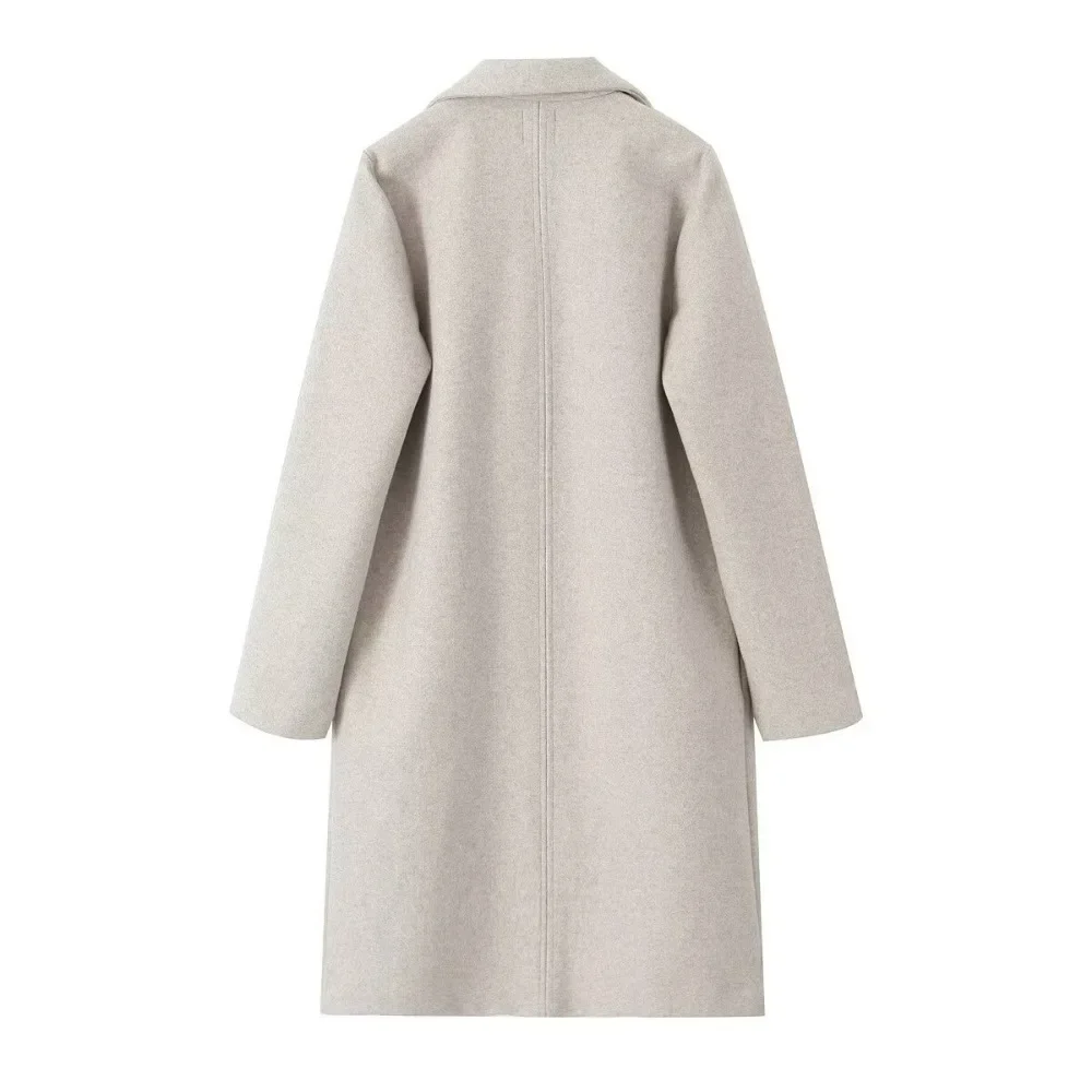 Women Autumn and Winter Fashion Solid Open Stitch Long Trench Coats Vintage V-Neck Full Sleeves Chic Lady Woolen Coat
