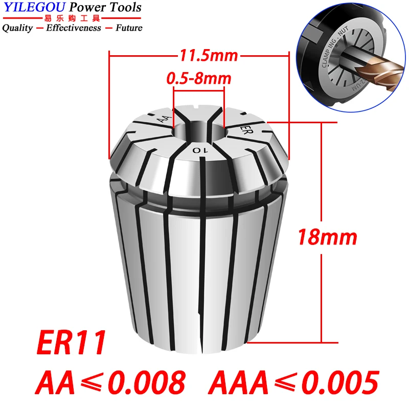 

ER11 Collet AA ER Collet Chuck. ER11 Collet Precision 0.005. 0.5mm-8mm ER11 Spring Collet. High Precision Collet er11 Collet Nut