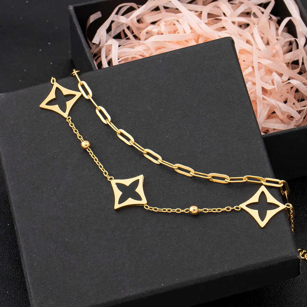 Charm-Armband Dubai Vergoldeter Edelstahl Schwarze Emaille Ineinandergreifende Kette Stern-Motiv Glücksbringer Schmuck-Accessoires 5-teiliges Set – Detail 6