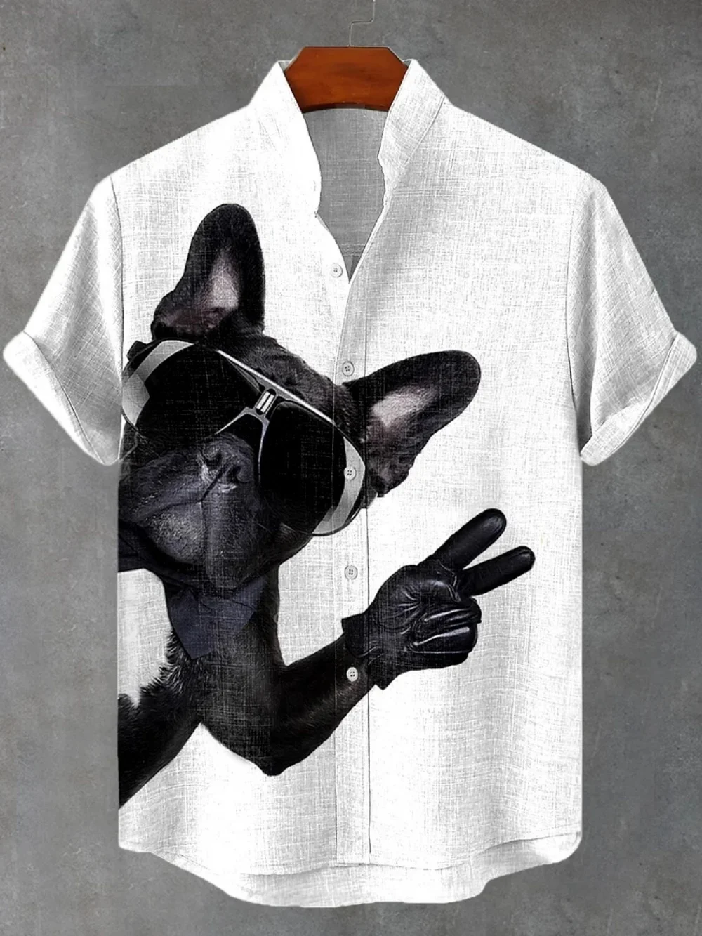 メンズヴィンテージレコードプリントスタンドカラーショートスリーブカーディガン、ファッショナブルなリネン製プラスサイズトップス、迅速発送対応