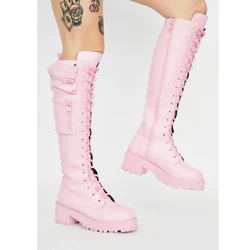 Fashion Pink Leather Side Zipper Pocket Knee Boots Low Square Heels Belt Cross Tie Women Punk Boots platform sole Knight Boots