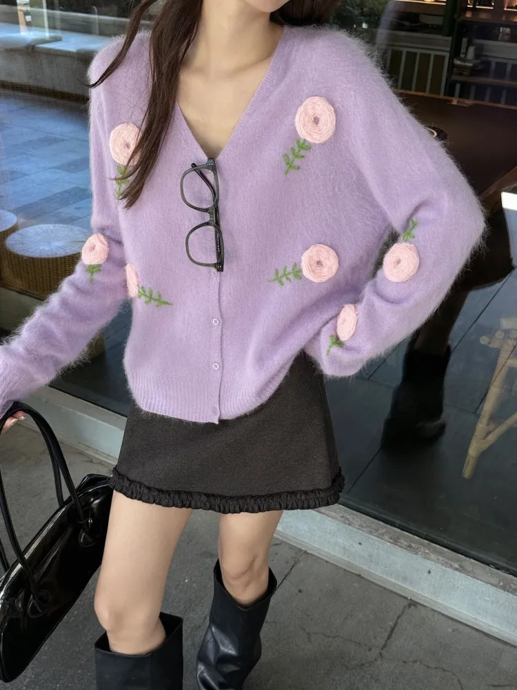 New Women Autumn Winter V-Neck Single Breasted Print Sweaters Sleeve Long Sleeve Knitting Cardigan Casual Loose Fit Sweater Coat