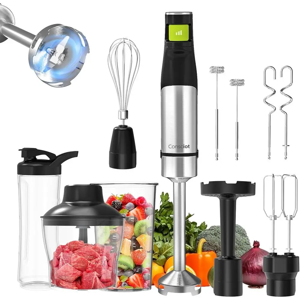 

Handheld 1100W Immersion Blender with Stainless Steel Shaft, Speed Control, 800ml Mixing Cup, 600ml Chopper, and Accessories