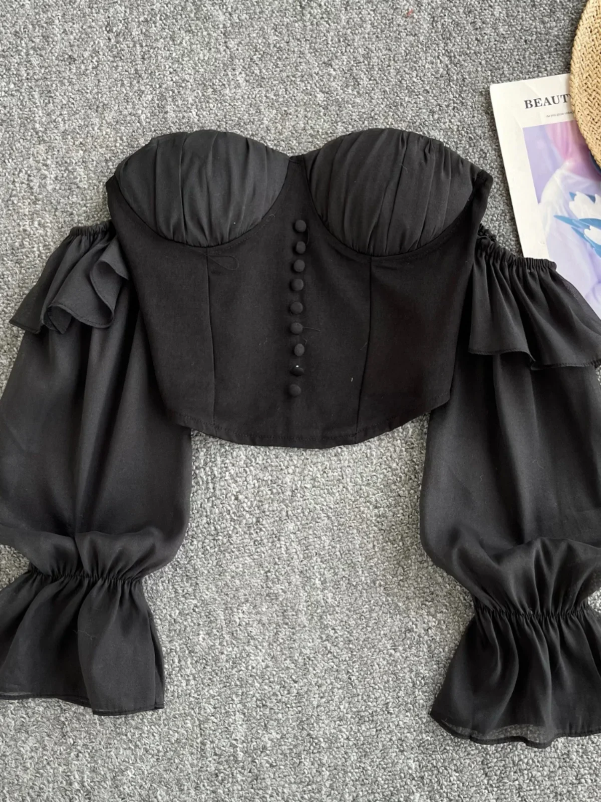 

SsTss "2024 American Y2K Black Tube Top Women Off-shoulder Flare Sleeve Crop Summer Sexy Clubwear Short Top Blouse Black