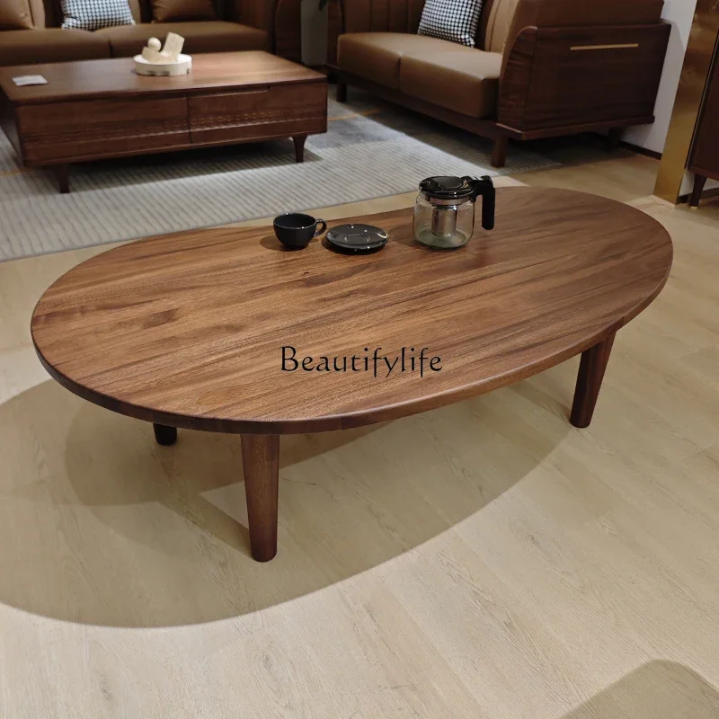 

yj9 Minimalist Round Curved Edge Walnut Coffee Table Vintage Style Solid Wood Living Room Tea Table