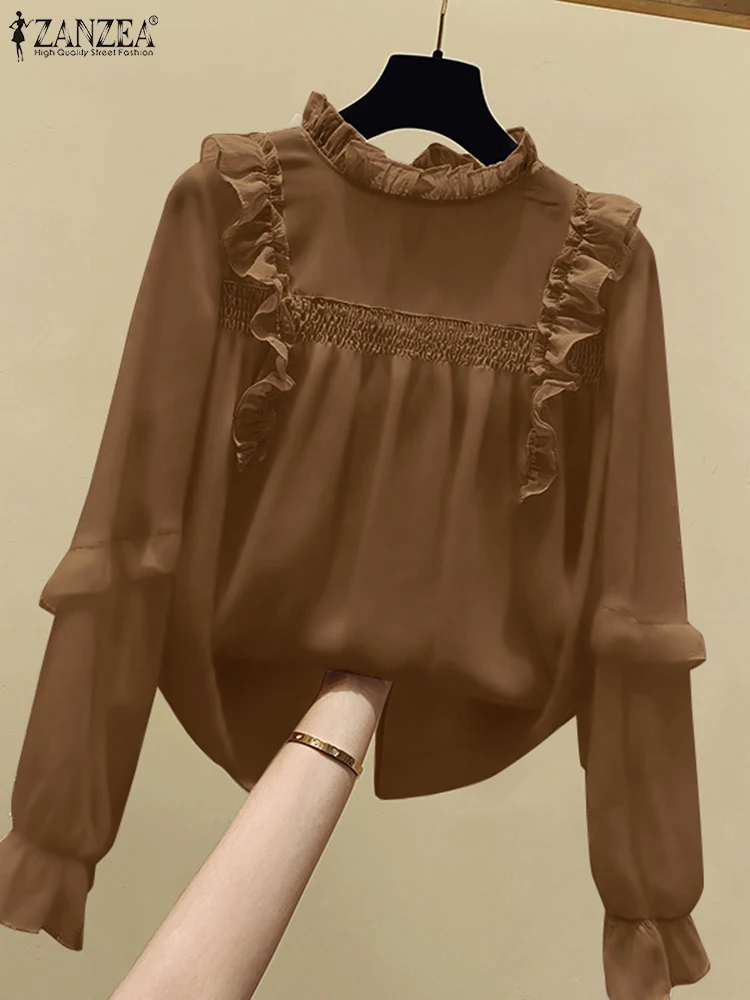 

Women OL Solid Blouse ZANZEA Fashion Long Puff Sleeve Tops Vintage Ruffled Edge Stitching Shirts Casual Autumn Pleats Tunics