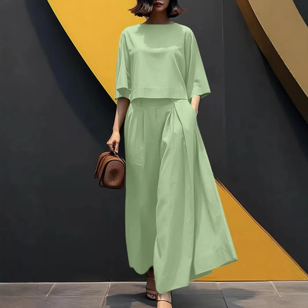 2025 여름 여성용 패션 솔리드 컬러 반팔 상의와 러플 와이드 팬츠 슈트 루즈핏 상의와 바지 슈트