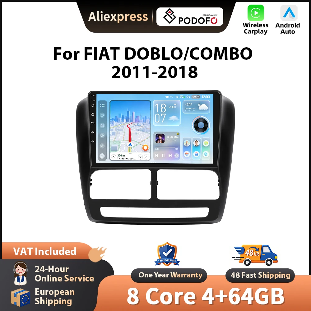 Podofo Für FIAT DOBLO 2010-2015/COMBO 2011-2018 Kabelloses CarPlay für Apple Android Auto Autoradio GPS FM WiFi BT Stereo RDS EQ