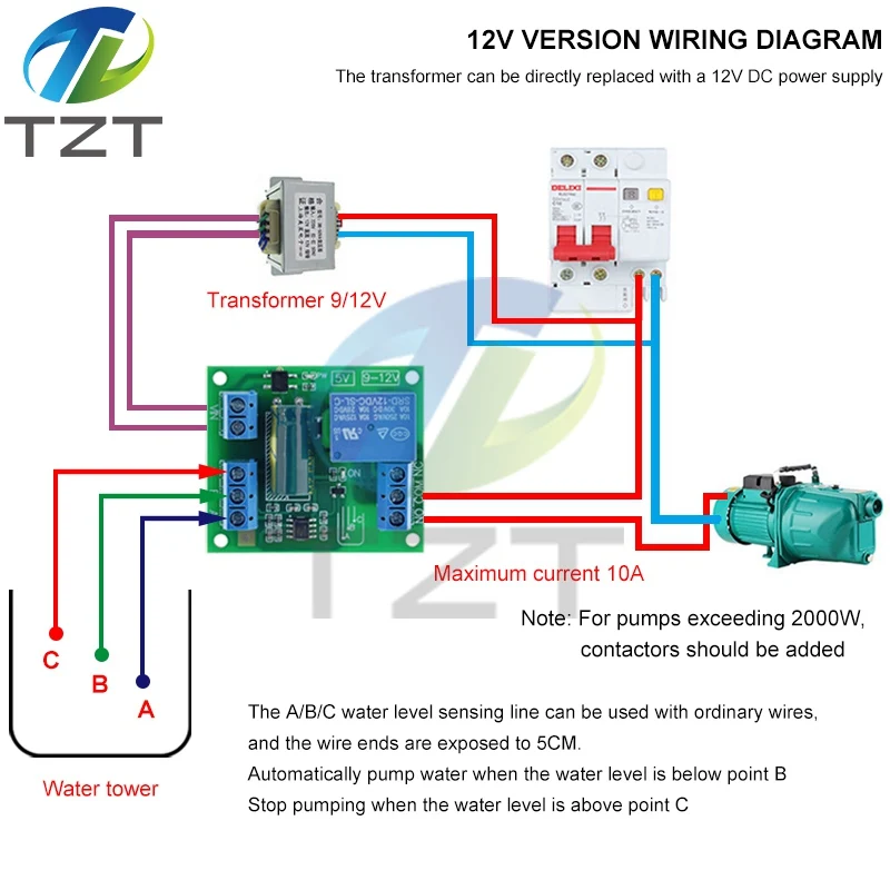 TZT 5V/12V Water Level Automatic Controller Relay Liquid Sensor Switch Solenoid Valve Motor Pump Automatic Control Relay Board