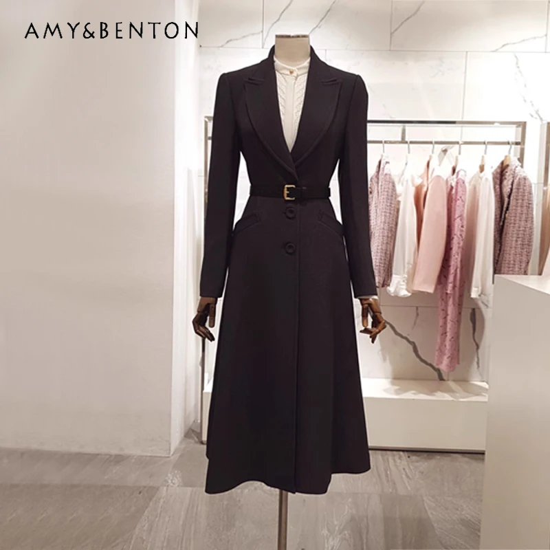 

2023 Autumn and Winter New Notched Collar Slim Maxi Woolen Coat Mid-Length Slim Fit Large Swing Woolen Trench for Ladies