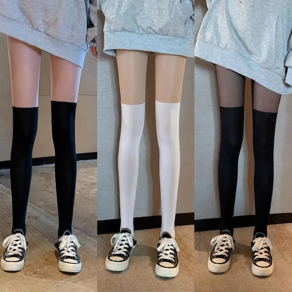 New Sexy Thigh High Pantyhose Patchwork Velvet Texture Over Knee Stockings High Elasticity Fake Stockings JK