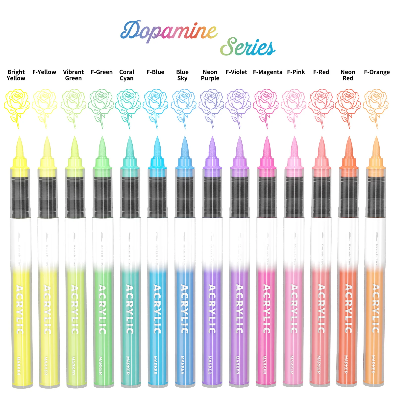 Flysea Acrylic Paint Markers, 14 Colors Water-Based Acrylic Markers with Soft Brush Tip, 0.5–5mm Flexible Tip Direct Liquid Paint Pens for Glass, Stone, Wood, Metal, Ceramic and DIY Art Crafts