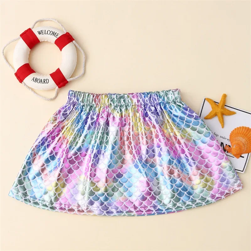 Fish Scale Skirt Large Bow A-line Skirt Fish Scale Skirt Rainbow Skirt Tutu Skirt Preschool Children's Bow Knot Colored Short Sk