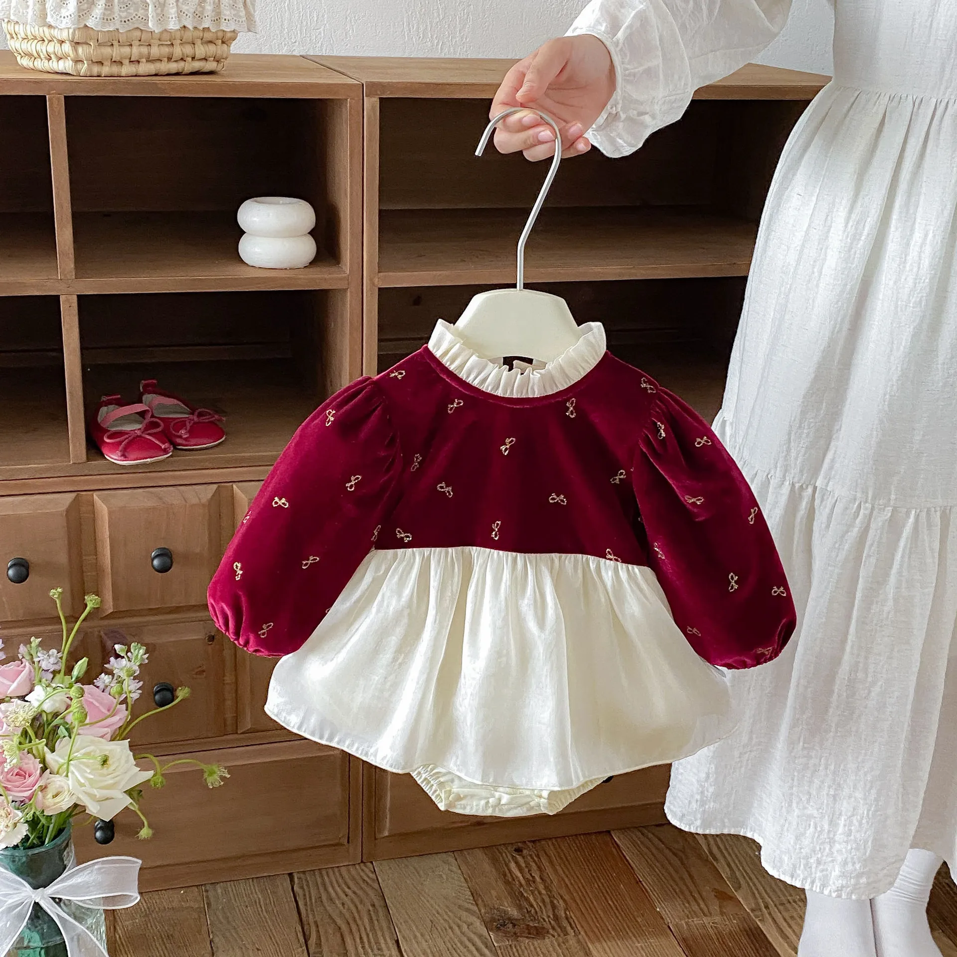 Baby Bodysuit Long Sleeve Red Velvet One Piece Newborn Girls Festive Party Clothes Infant One‑Piece Outfit 0-18M