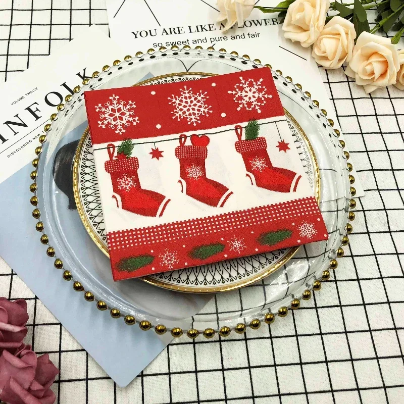 Christmas Party Decoration Paper Christmas Elements Printed Napkins Christmas Stockings Wine Glasses Flowers Paper Placemats