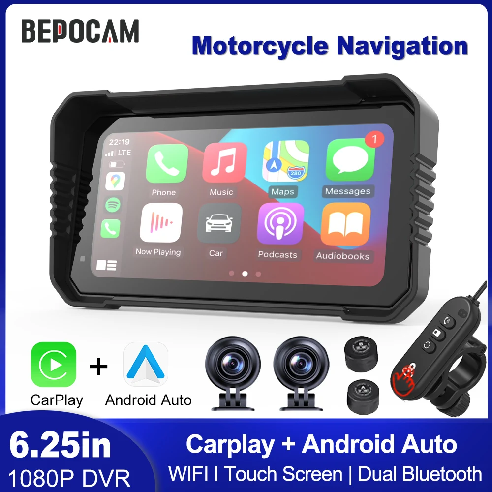 BEPOCAM 5"/6.25" Motorcycle GPS Navigation DVR Carplay Screen for Moto Dual Cameras Drive Recorder IPX7 Waterproof Moto Monitor