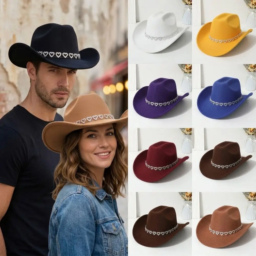 

Stylish Breathable Jazz Knight Hat Wide Brim Heart-shaped Diamond Cowboy Hat Solid Color Sun Hat For Men Women