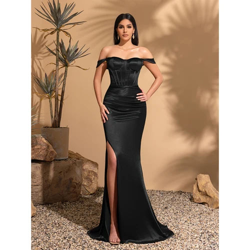 Elegante vestido de fiesta de boda con abertura y cintura alta plisado con hombros descubiertos