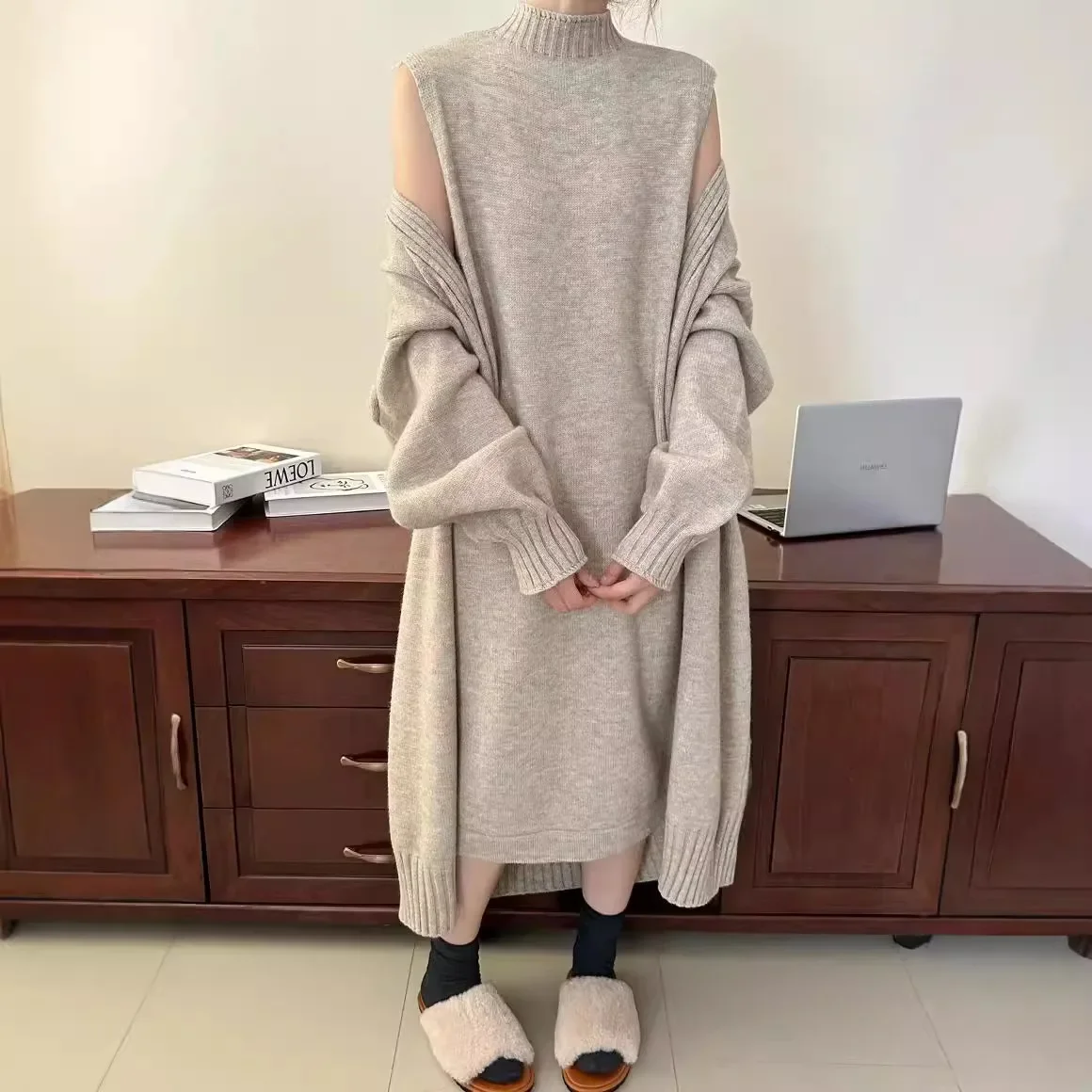 SuperAen Knitted Pullover Sleeveless Dress Autumn and Winter New Long Loose Cardigan Sweater Coat Two Pieces Sets