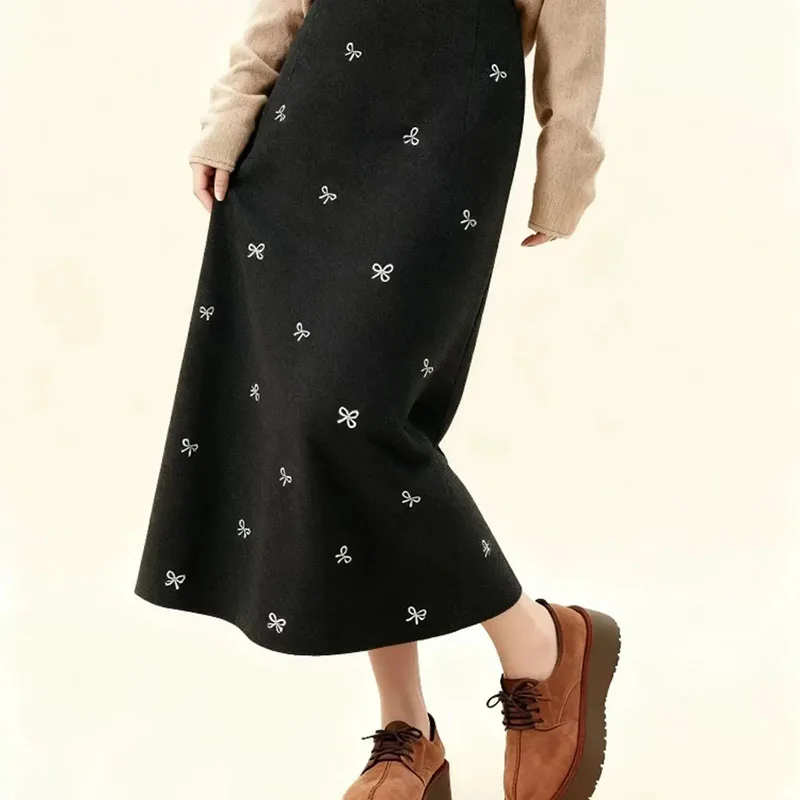 

Spring Autumn New Bow High wWaist Printing Ladies Comfortable And Fashionable Temperament Split Thickened Women's Woolen Skirt