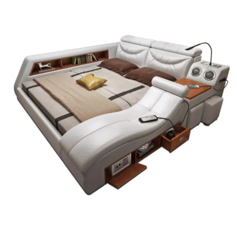 

Dormitory Couple Beds Modern Leather Fabric Bed With Lift Storage Box Multimedia Function Bedroom Furniture Set