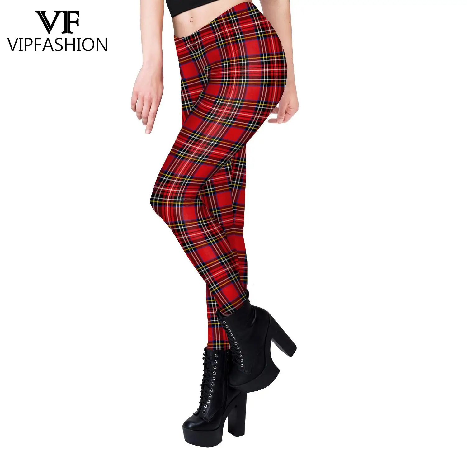 VIP FASHION-mallas con estampado de cuadros rojos para mujer, pantalones de fiesta, mallas elásticas, Sexy, cintura media, regalos de navidad