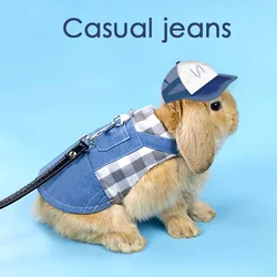 Pet Rabbit Clothes Baby Rabbit Denim Jacket Coat Leash Set For Guinea Pig Dwarf Rabbit Lattice Cute Vest Solid Color Hoodie