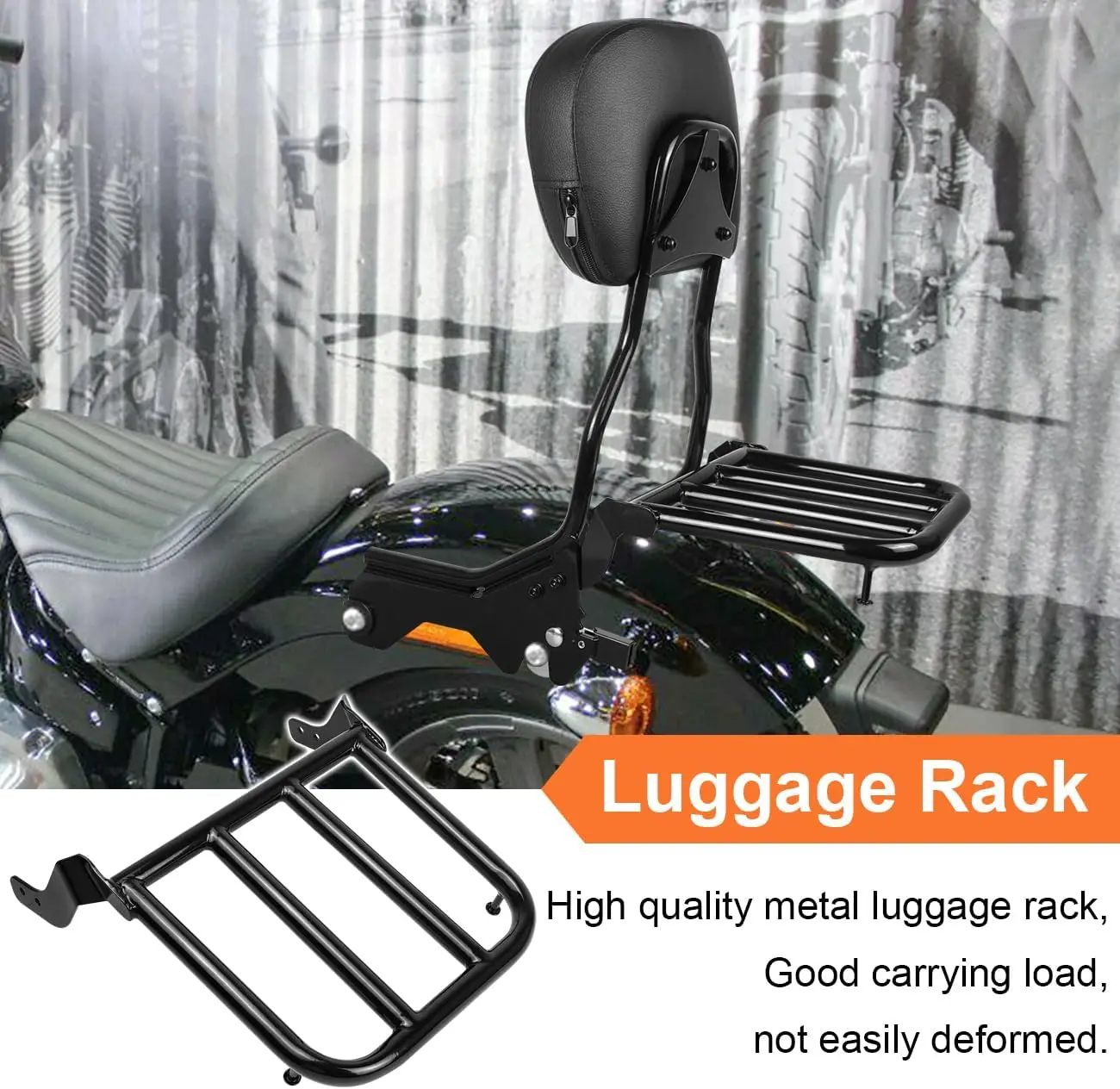 Motorcycle Passenger Sissy Bar Backrest with Luggage Rack, Fits Select Cruiser Models, Rear Seat Support for V-Twin Bikes